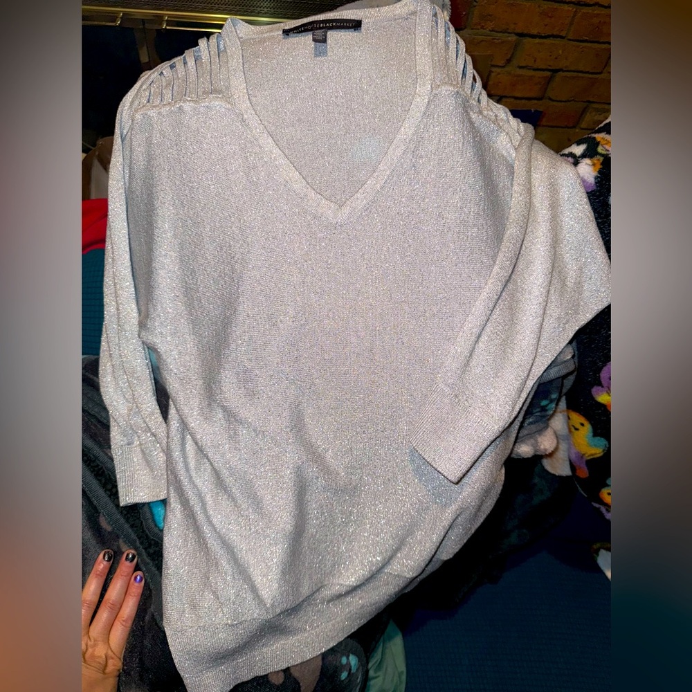 SPARKLY Silver v neck 3/4 sleeve with Shoulder cut out top from WHBM size xs